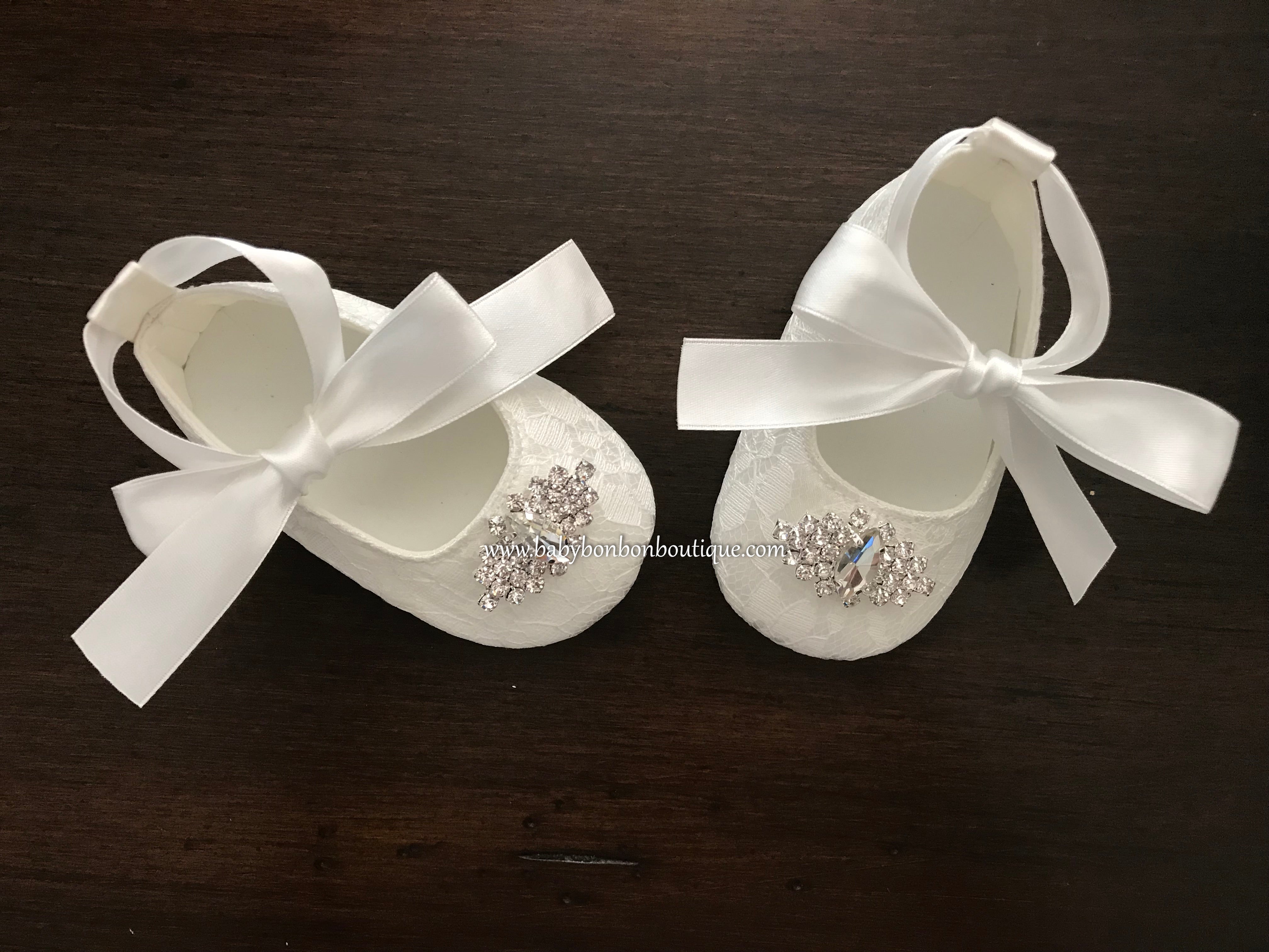 Baby Girl French White Baptism Shoes with Rhinestones – Baby