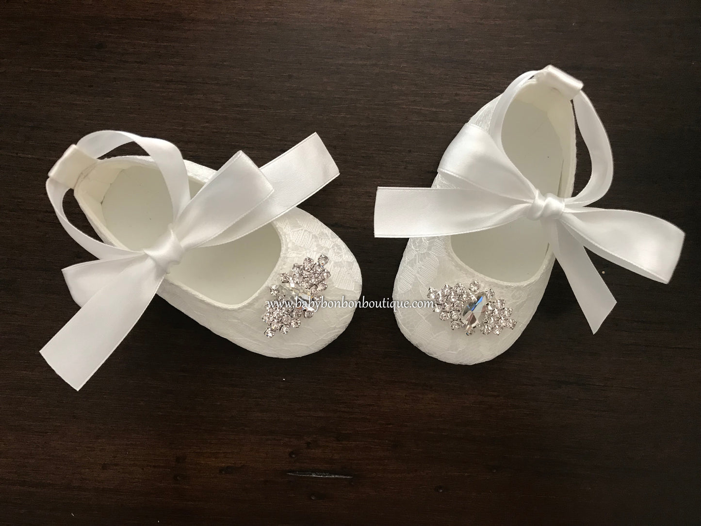 Baby Girl French White Baptism Shoes with Rhinestones