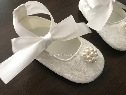 French White Baby Girl Baptism Shoes, Pearls & Rhinestones