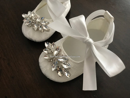 Baby Girl French White Christening Lace Shoes with Rhinestones