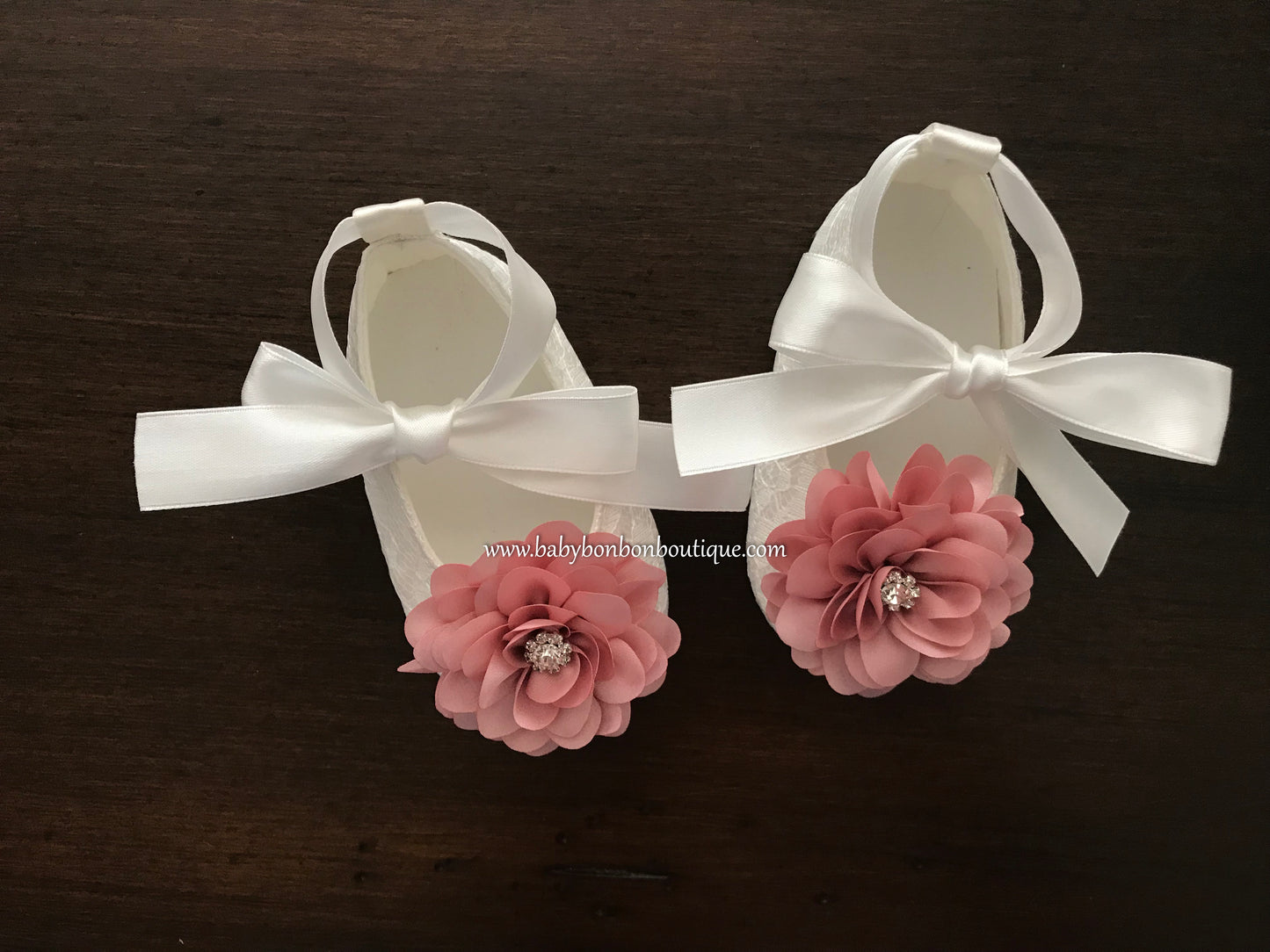 White Baby Girl Baptism Shoes with Dusty Rose Flowers