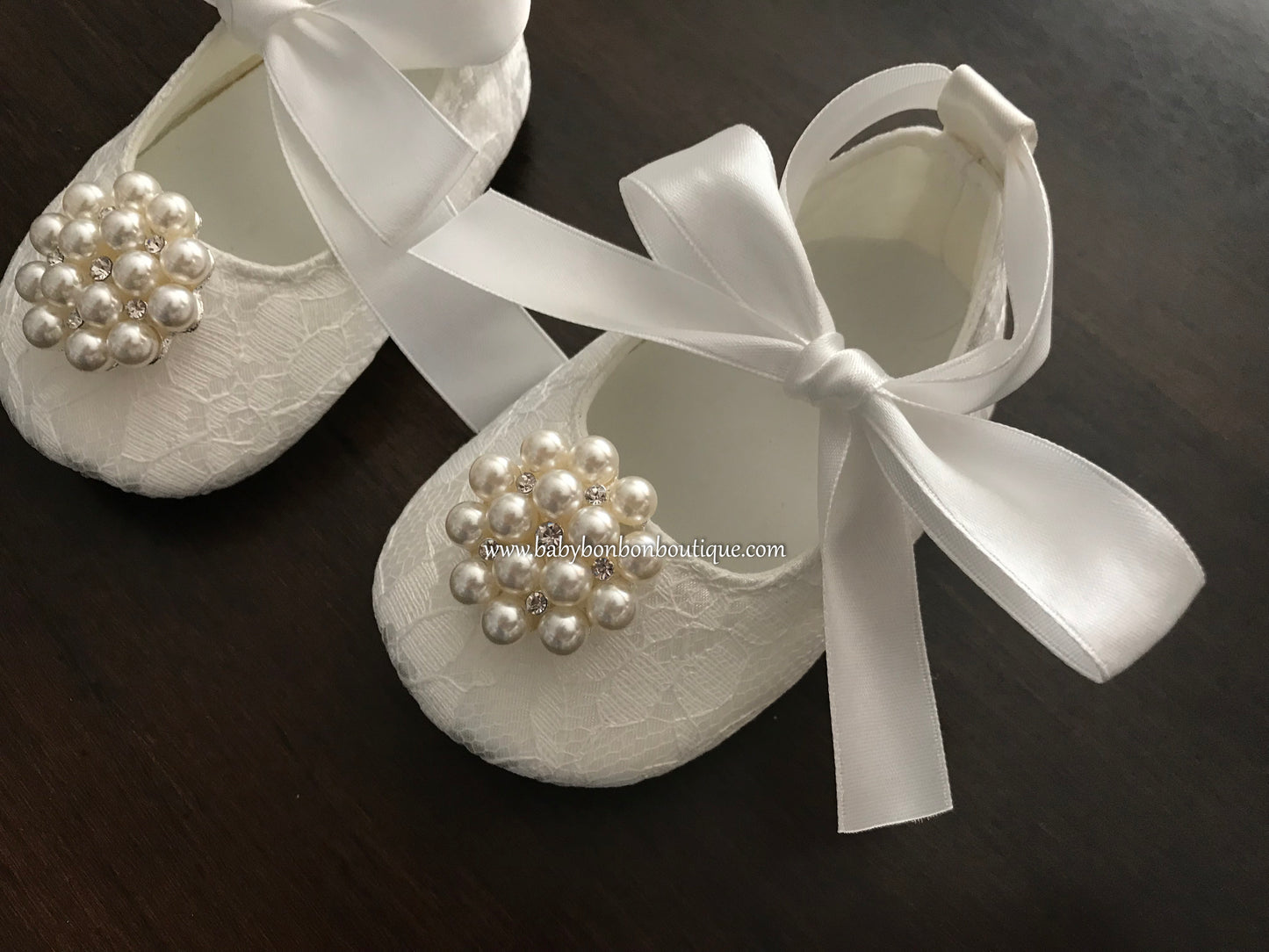 French White Baby Baptism Shoes with Pearl Rhinestones, Baby Ivory Baptism Shoes