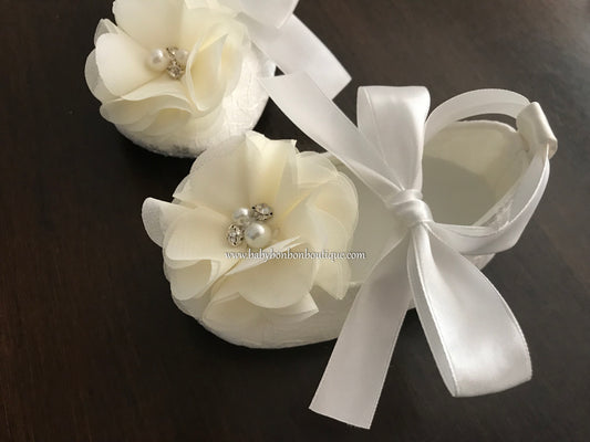 White Baptism Shoes with Flowers, Pearls & Rhinestones