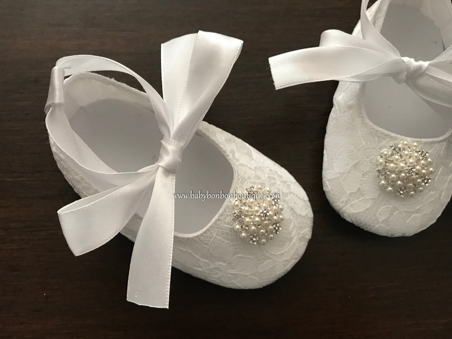French White Baby Girl Baptism Shoes with Pearls & Rhinestones