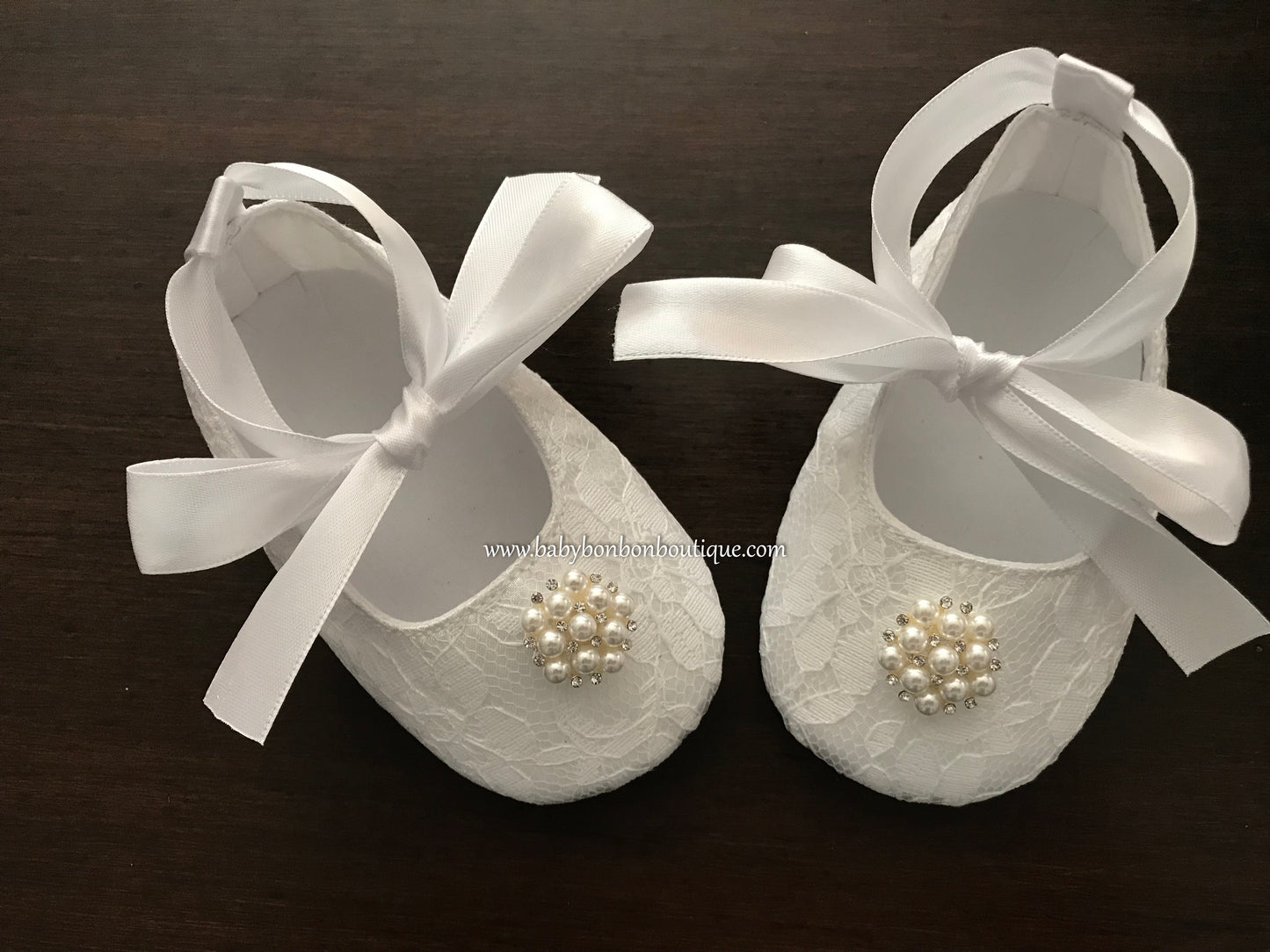 French White Baby Girl Baptism Shoes with Pearls & Rhinestones