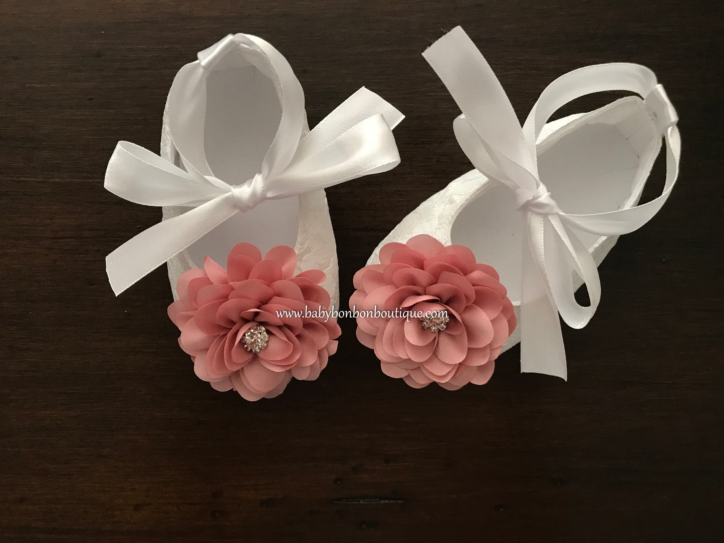 White Baby Girl Baptism Shoes with Dusty Rose Flowers