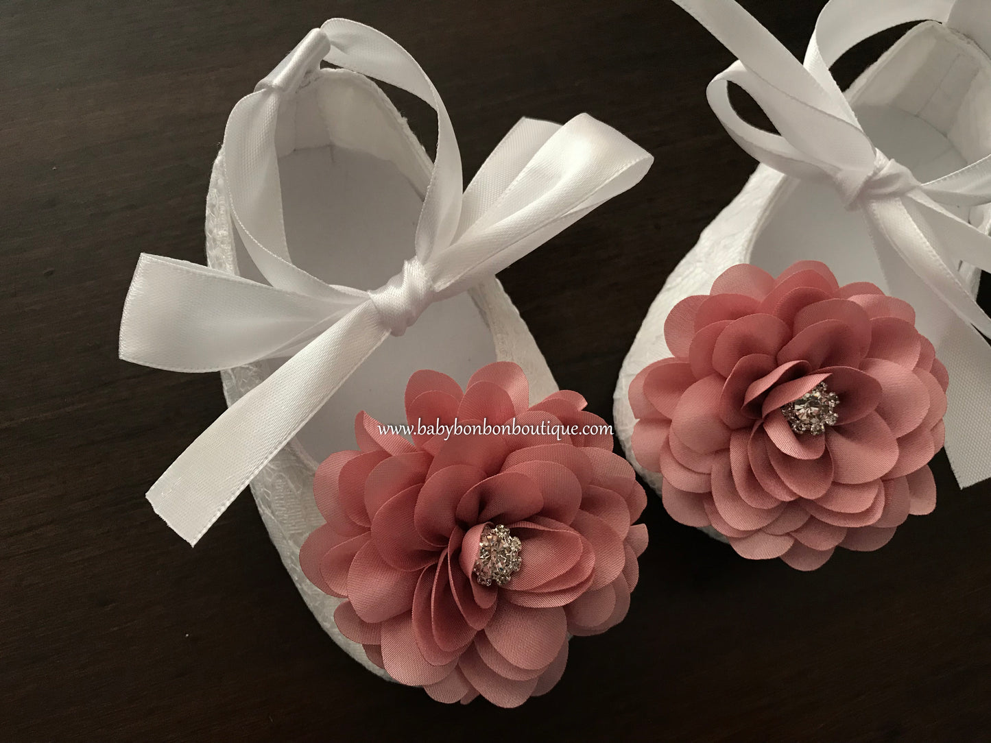 White Baby Girl Baptism Shoes with Dusty Rose Flowers