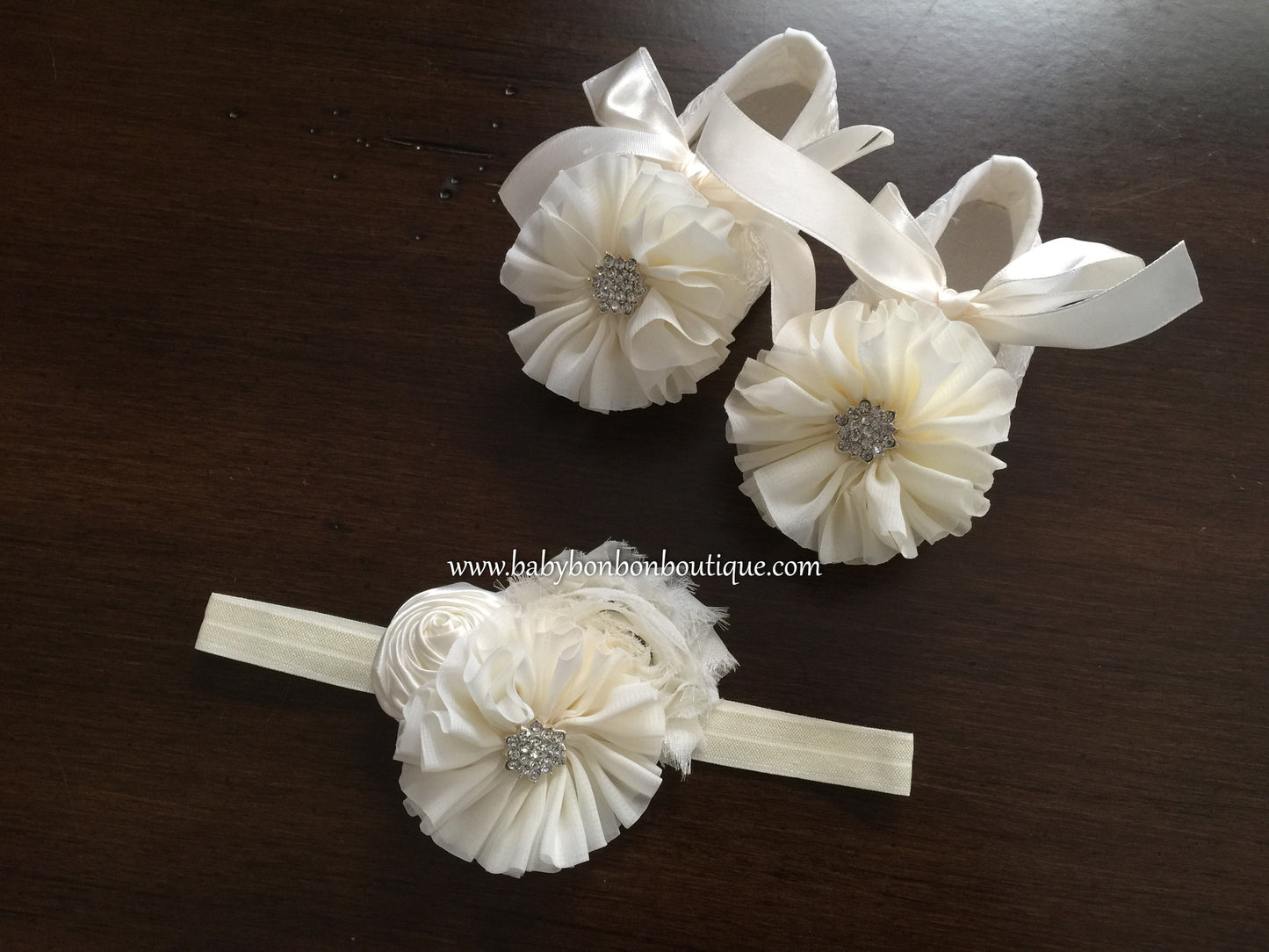 Ivory Baptism Crib Shoes & Headband Set