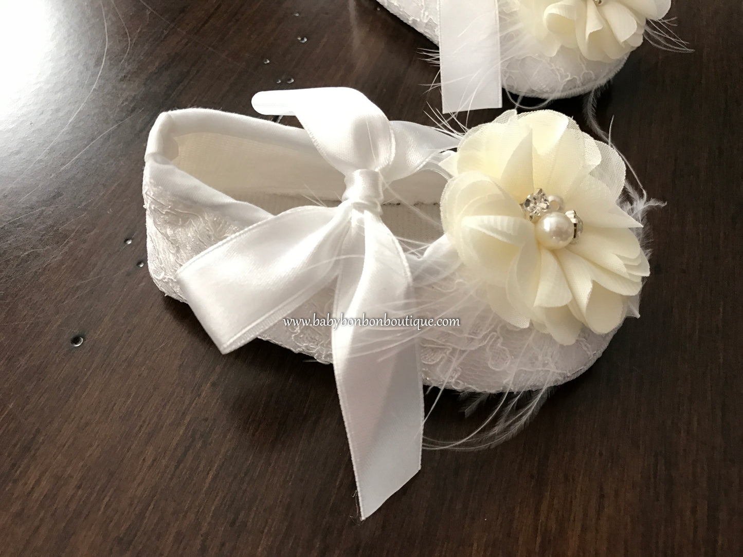 Ivory Baptism Shoes with Flowers, Pearls, & Rhinestones