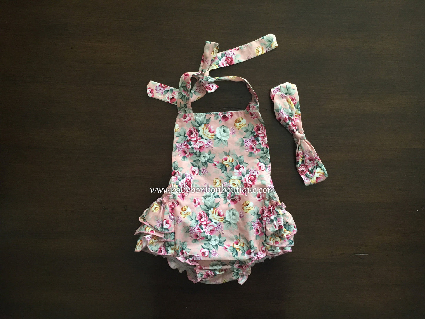 French Teal Floral Baby Ruffled Romper