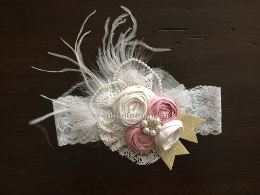 Pink & Ivory Vintage Rosette Headband and Sash
