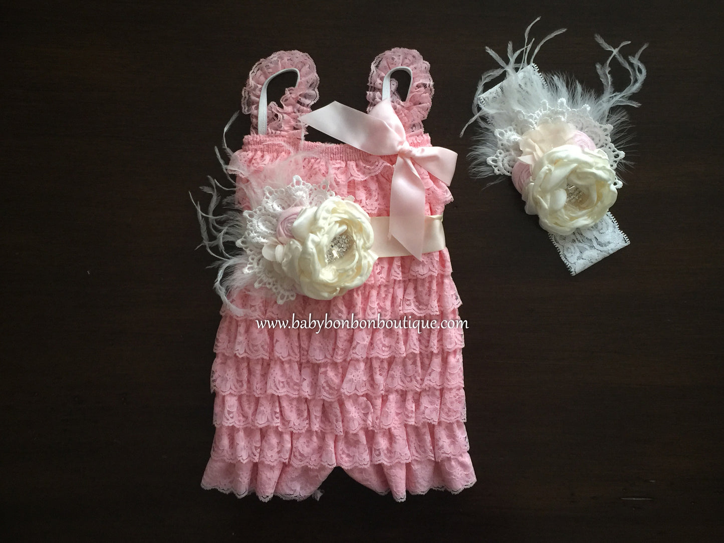Ivory Baby Lace Romper with Headband & Sash