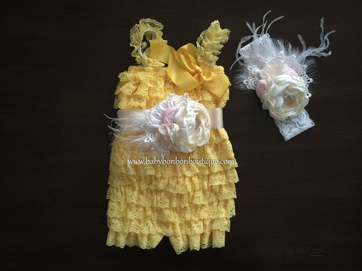 Ivory Baby Lace Romper with Headband & Sash