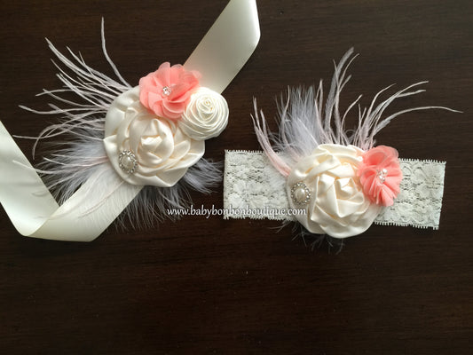 French Ivory and Coral Shimmer Headband & Sash Set