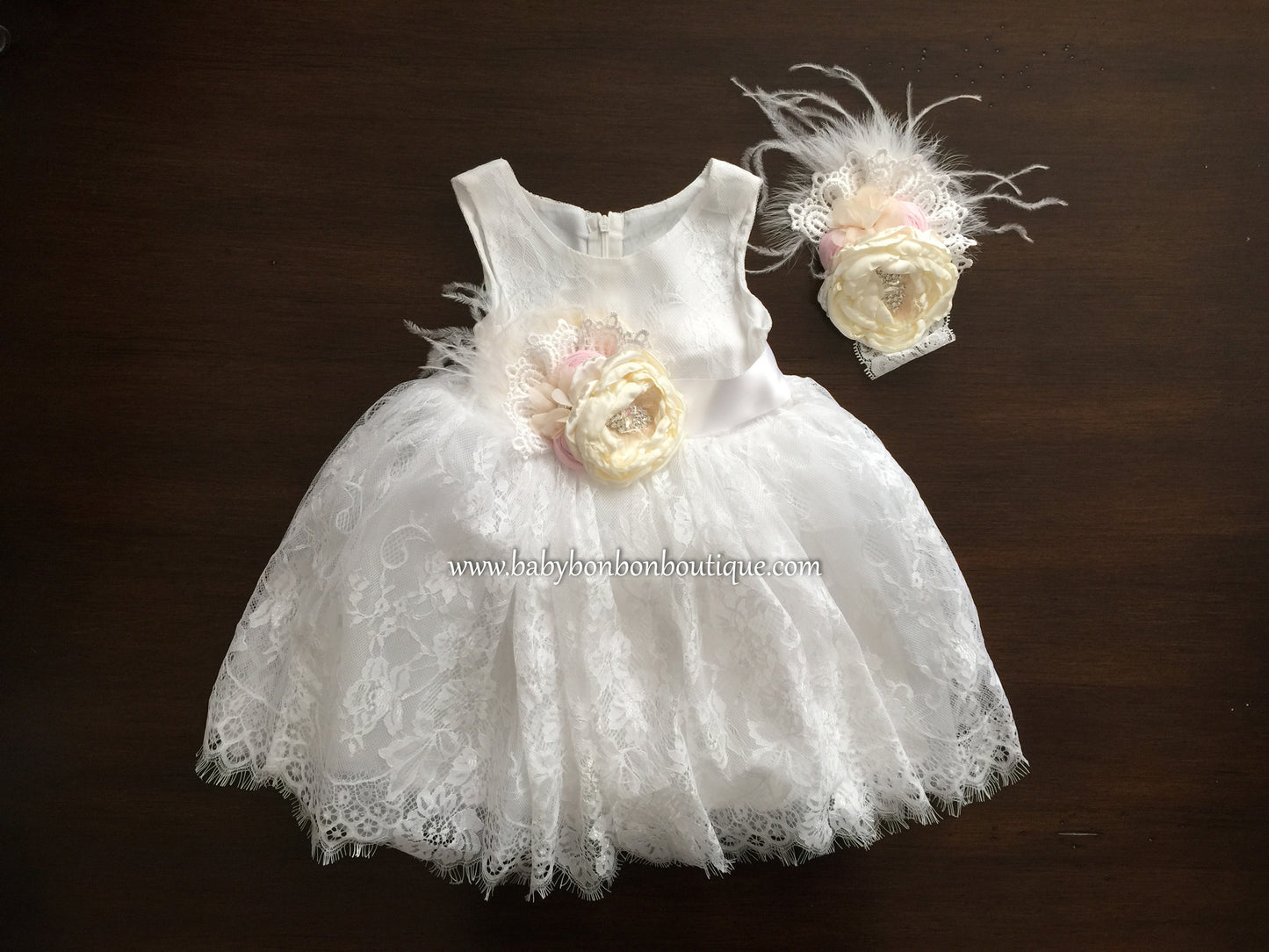 Baby French White Baptism Lace Dress with Headband & Sash