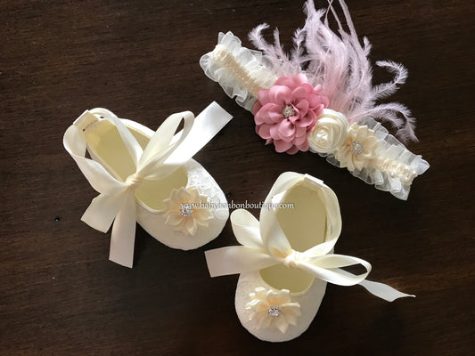 Ivory Baptism Shoes & Dusty Pink Headband Set