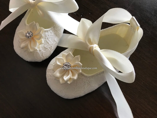 Ivory Baby Baptism Shoes with Flowers and Rhinestones