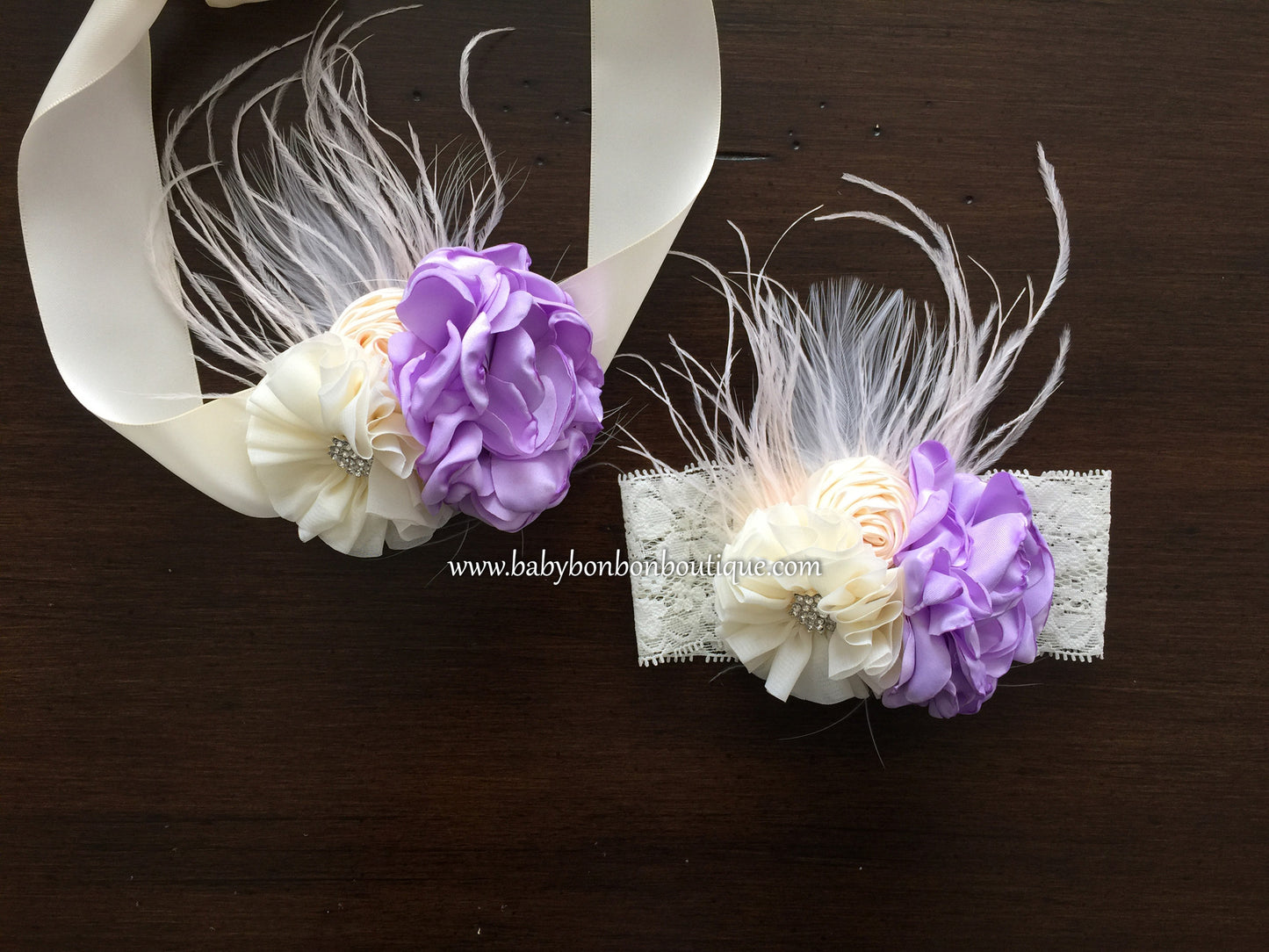 Lavender and Ivory Baptism Headband & Sash