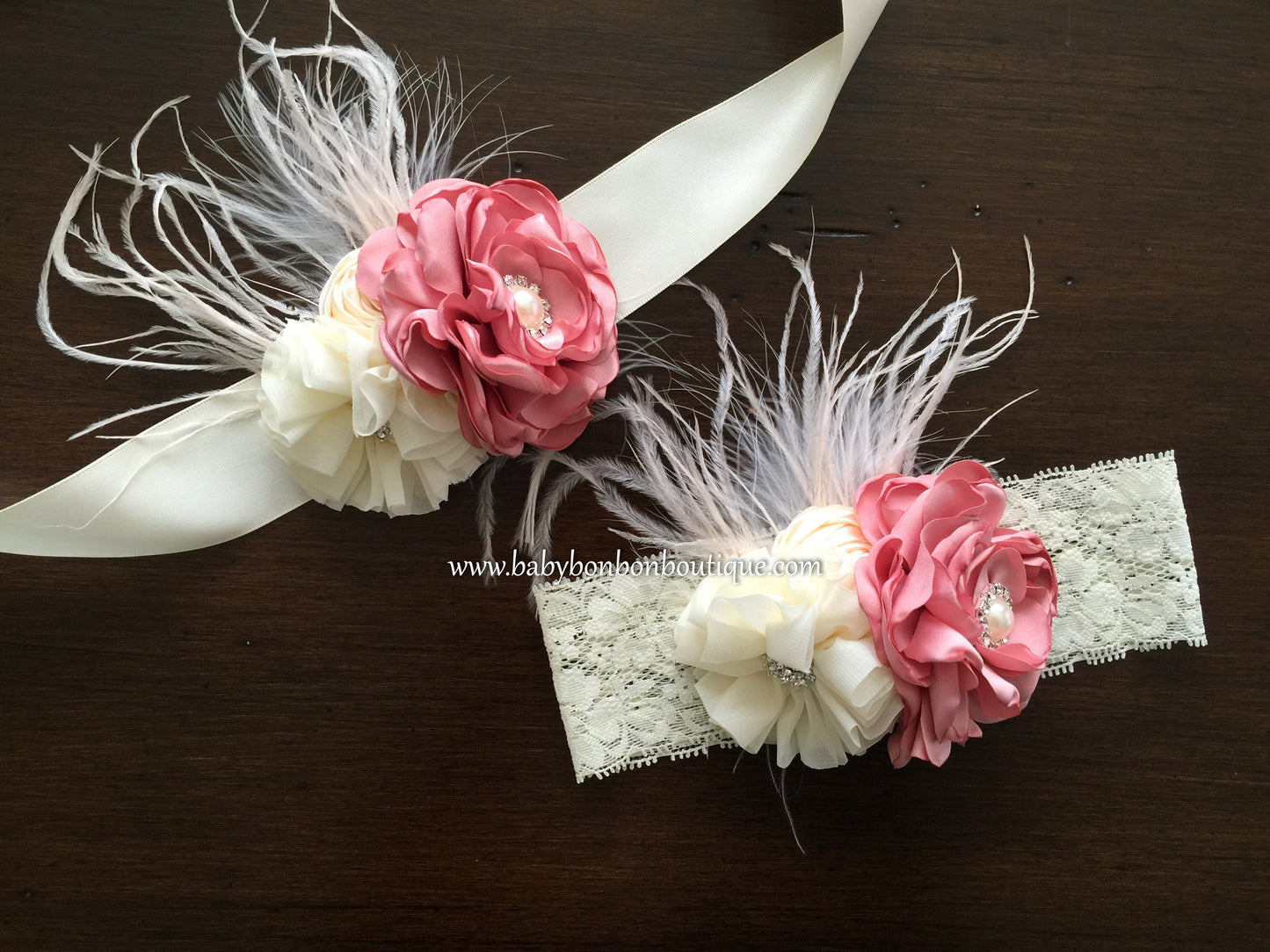 Dusty Pink and Ivory Christening Headband & Sash