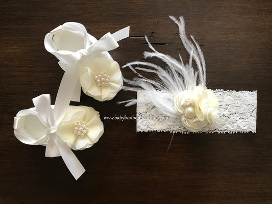 White Baby Girl Baptism Shoes & Ivory Flower Headband Set
