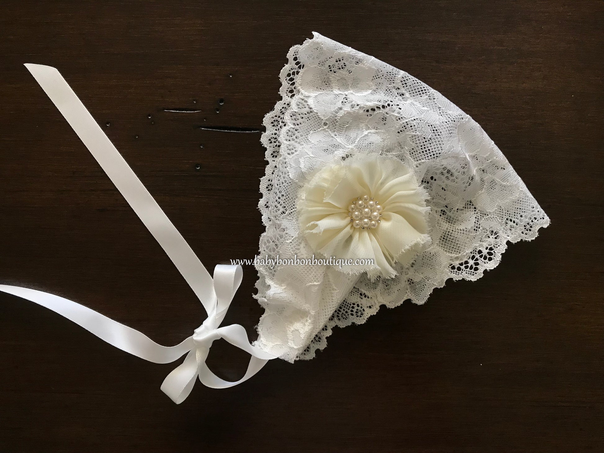 White Baptism Bonnet and Baptism Sash – Baby Fleurs Bonbon