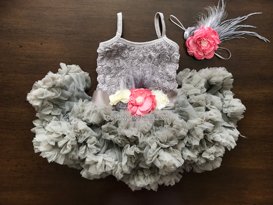 Baby Gray Fluffy Tutu Dress with Pink Headband and Sash