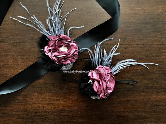 Black and Vintage Rose Baby Headband, Sash, and Barefoot Sandals