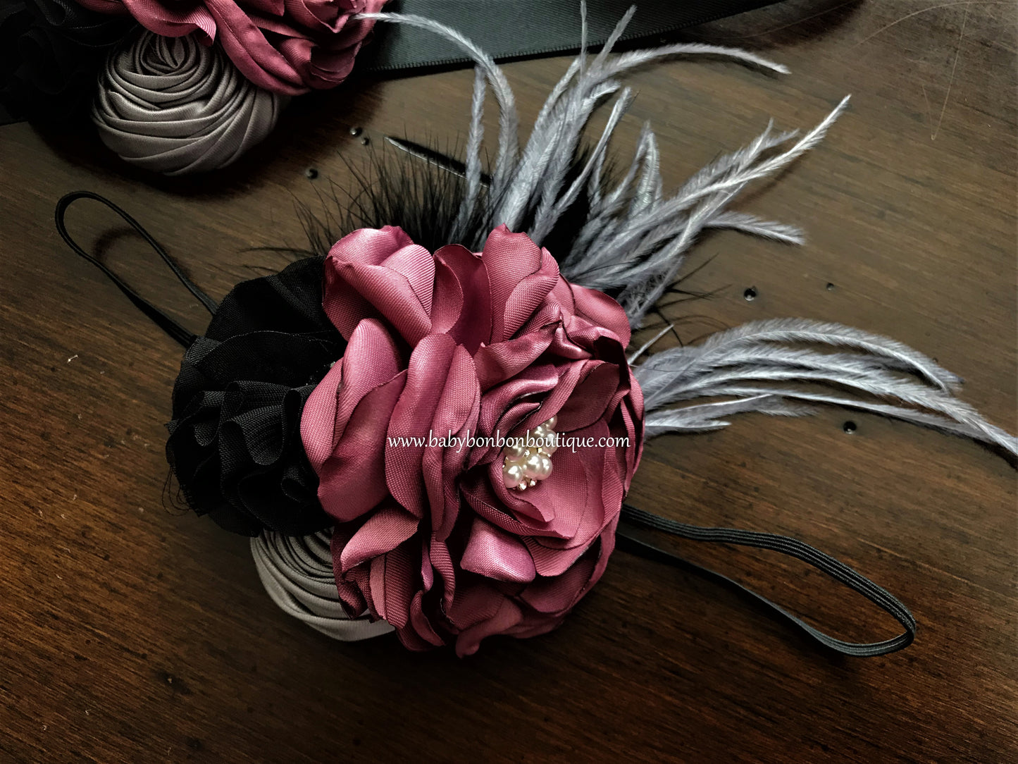 Black and Vintage Rose Baby Headband, Sash, and Barefoot Sandals