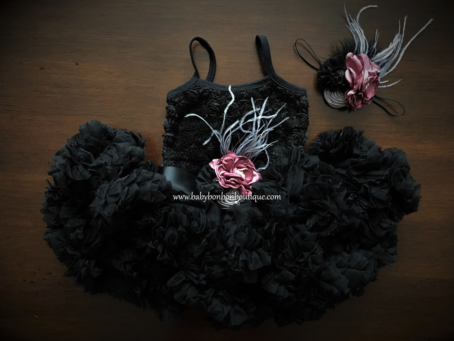 Baby Black Tutu Dress with Vintage Rose Headband and Sash