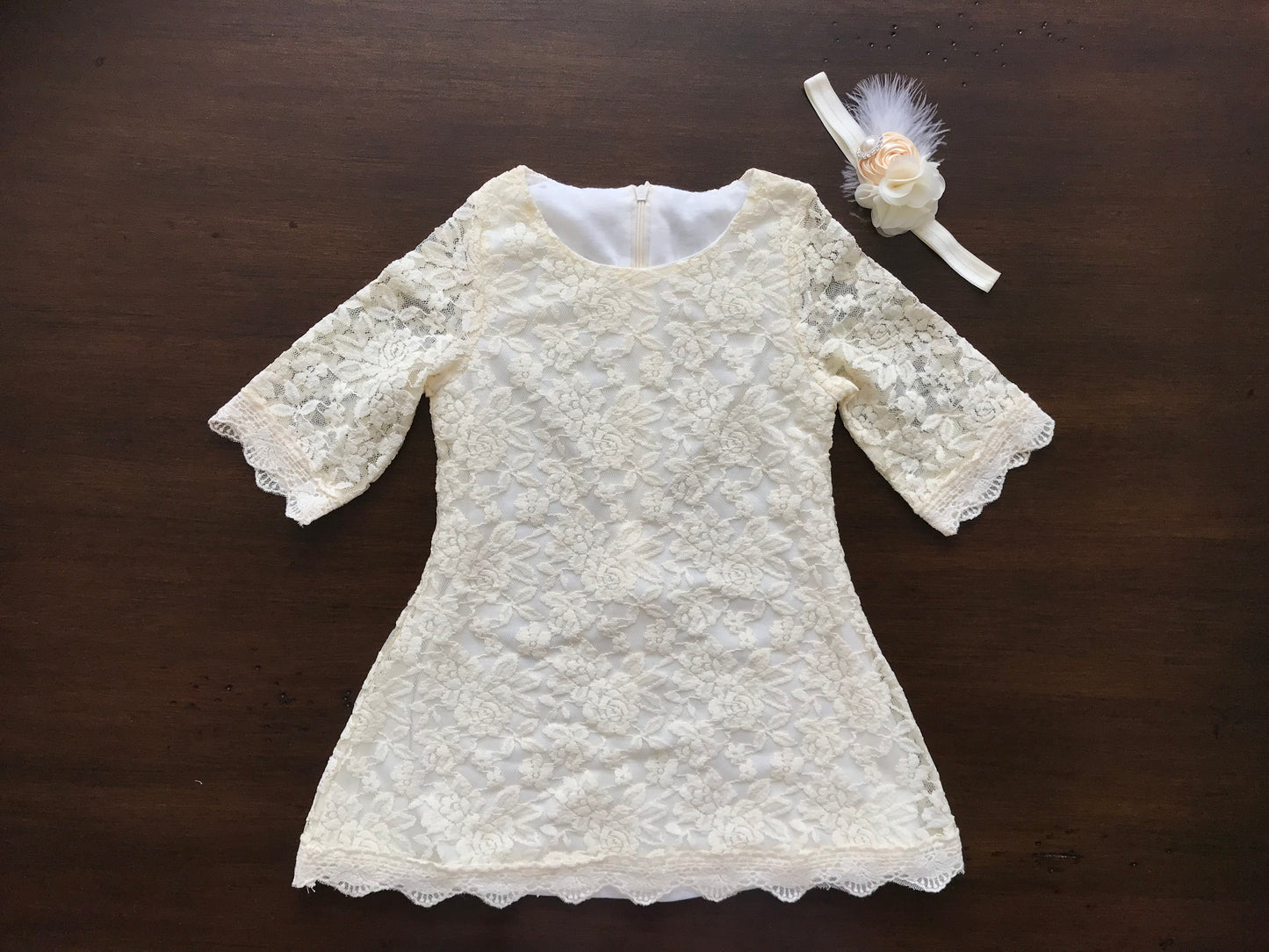 Creme Brulee Bell Lace Dress with Ivory Headband