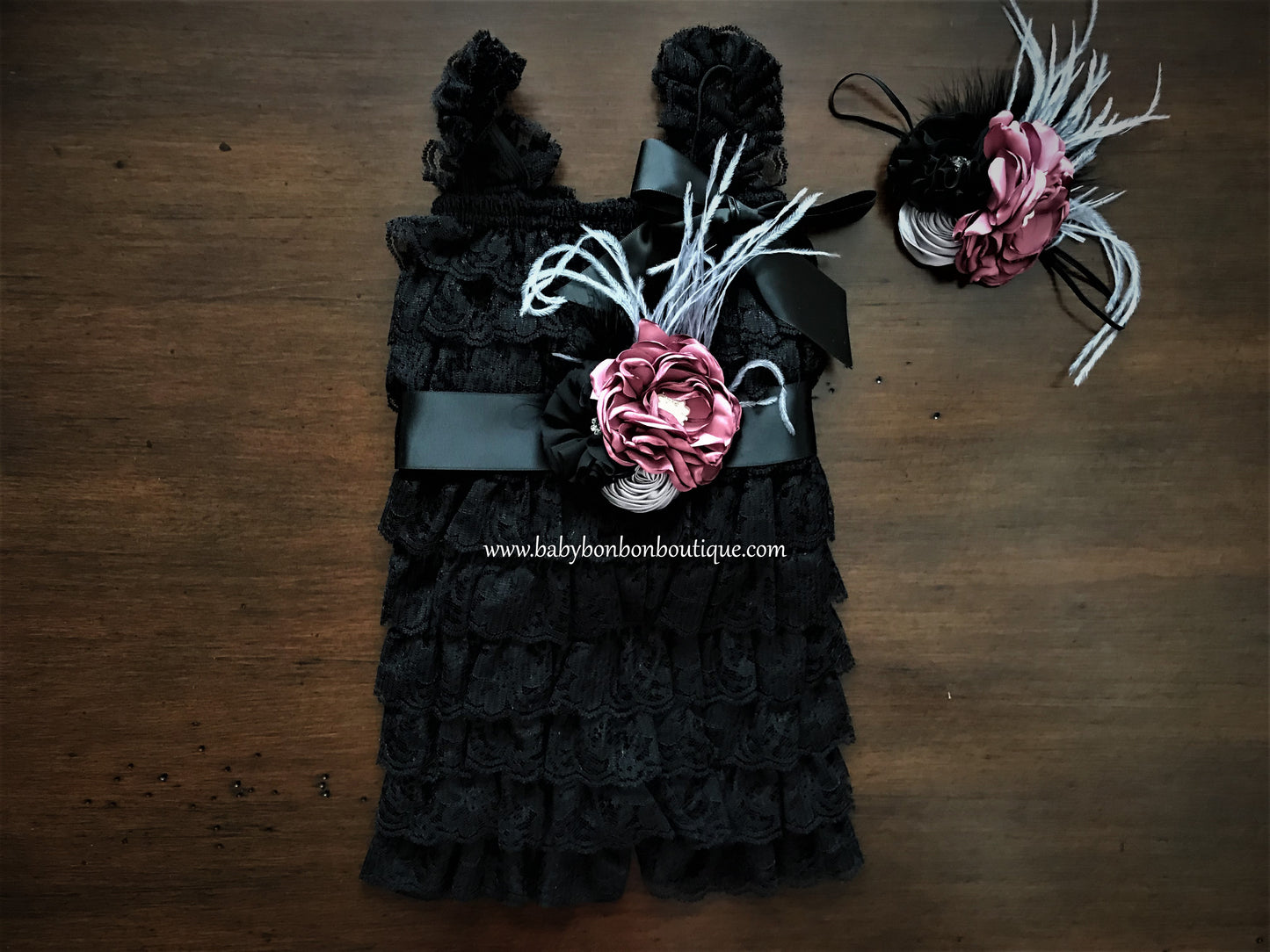 Smoky Gray Baby Lace Romper with Headband & Sash, Black Baby Lace Romper