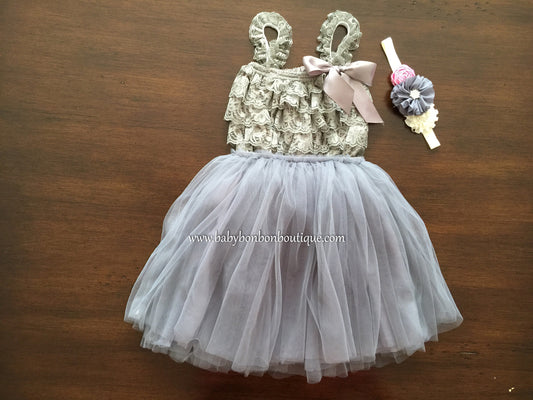 Smoky Gray Baby Ballerina Skirt and Lace Romper
