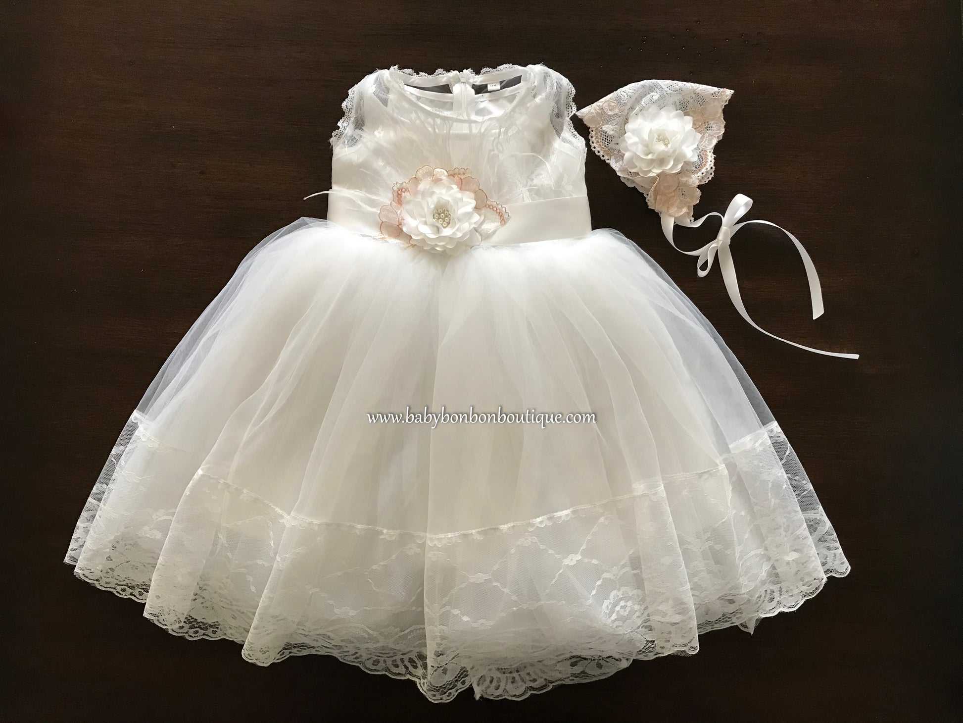 French White Baptism Dress with Flower Bonnet and Sash