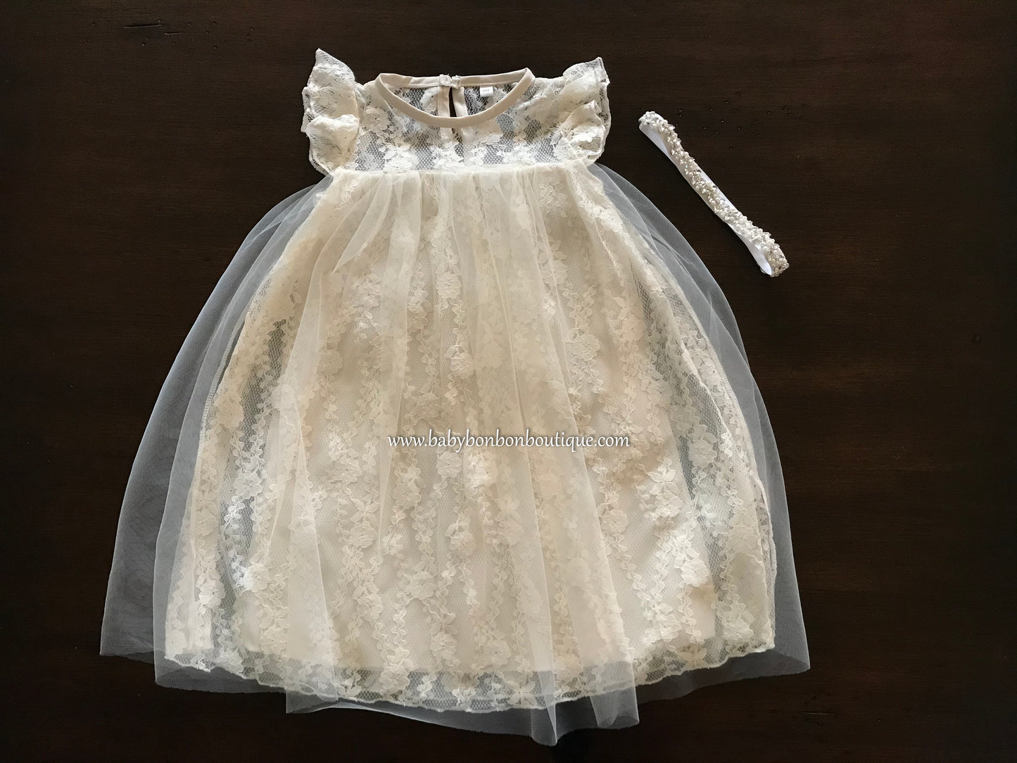 Vintage Cream Lace Christening Dress with Headband