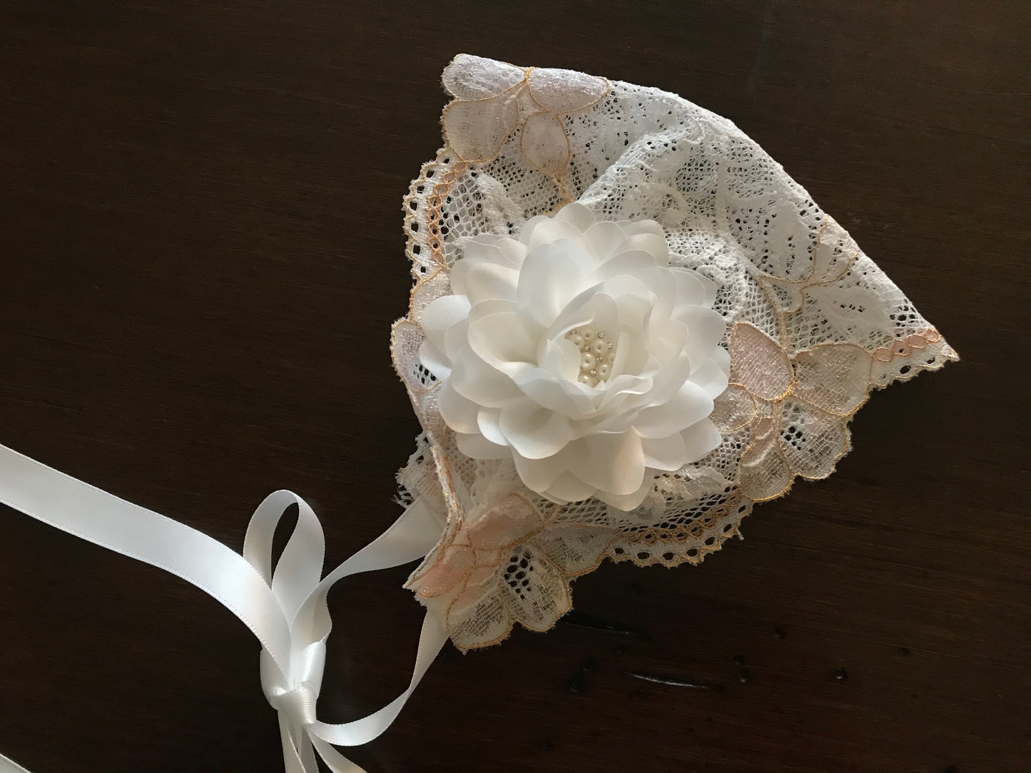 French White Christening lace bonnet and Sash