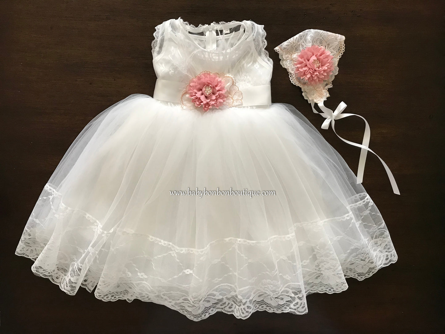 White Baptism Dress with Pink Flower Bonnet and Sash