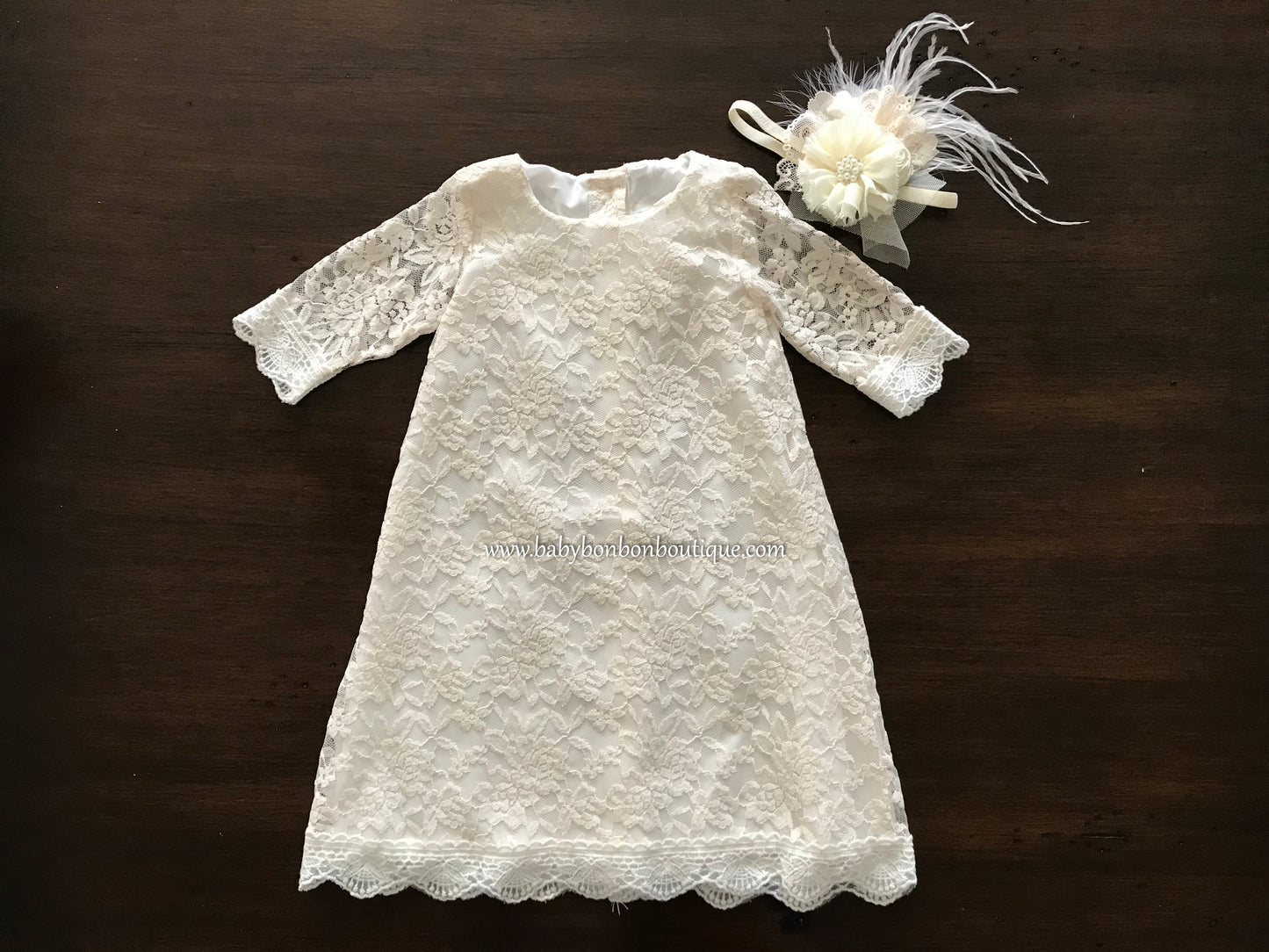 Baby Girl Lace Christening Dress with Headband, Bell Baptism Lace Dress