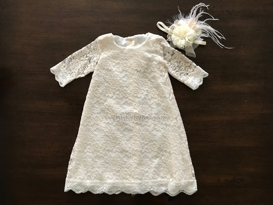 Baby Girl Lace Christening Dress with Headband, Bell Baptism Lace Dress
