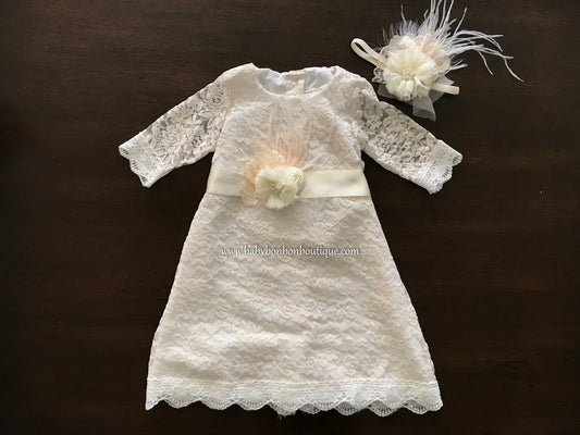 Champagne Bell Lace Christening Dress with Headband and Sash