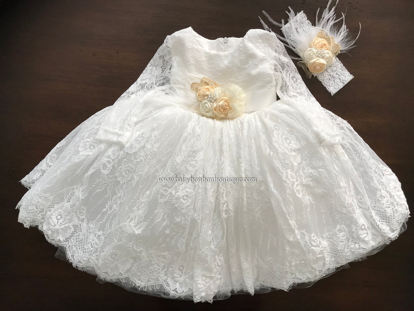 Long Sleeve Baptism Dress, Princessa Lace Baptism Dress