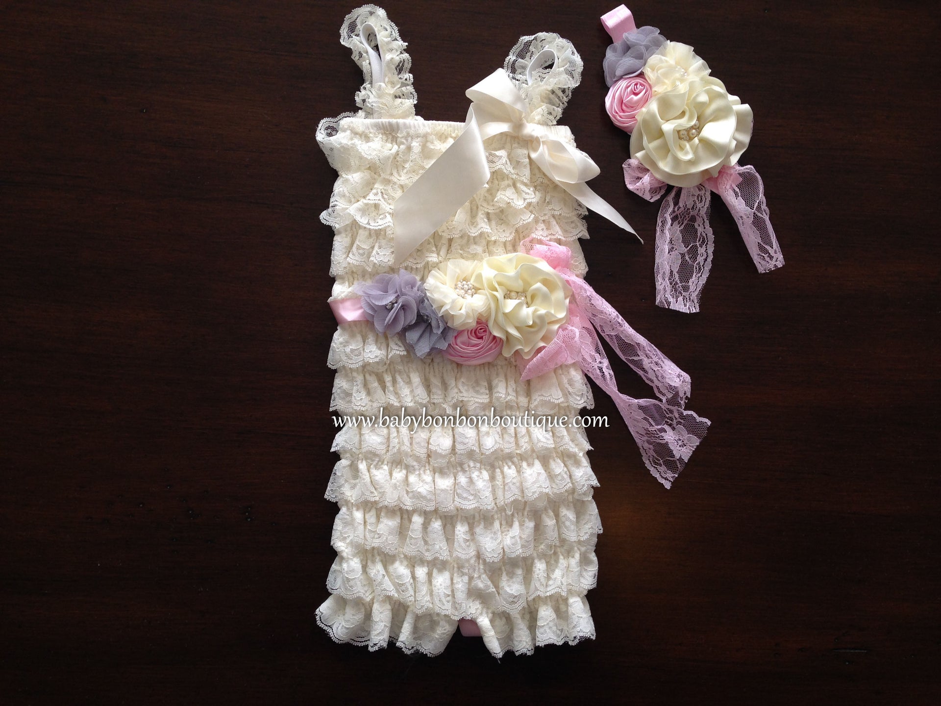 Baby Lace Romper with Ivory Headband & Sash