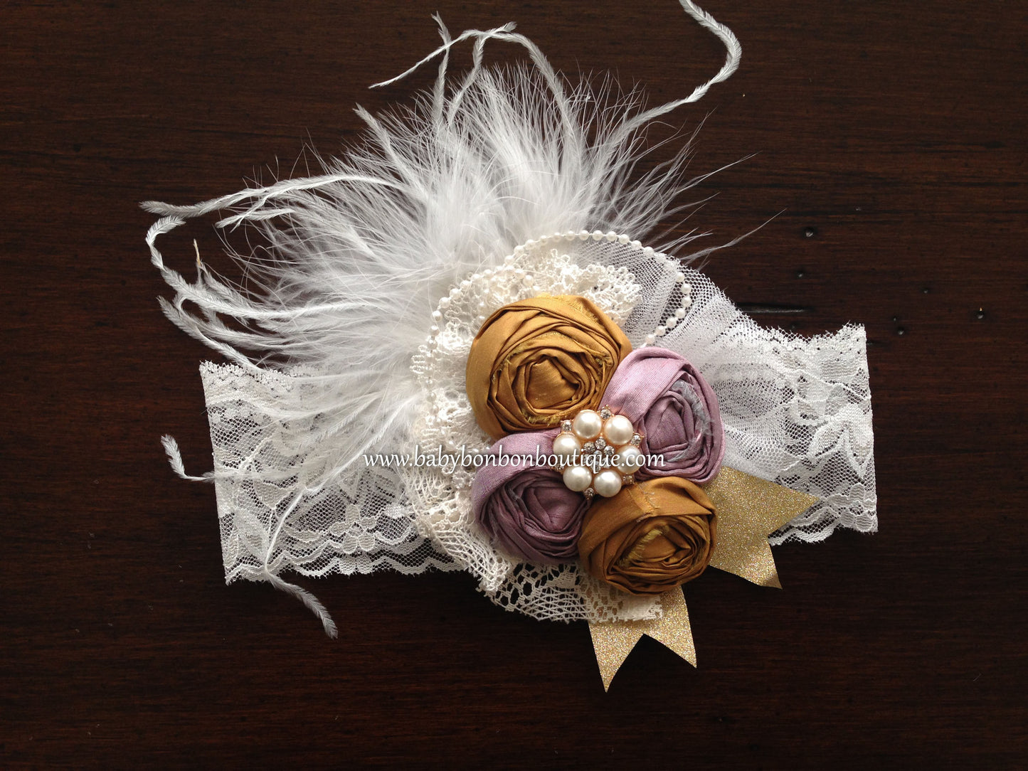 Vintage Orchid & Vintage Gold Baby Rosette Headband, Sash