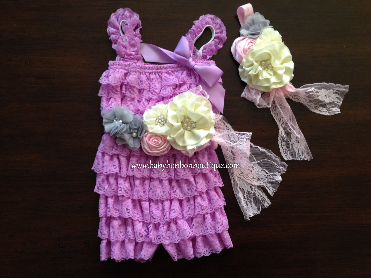 Baby Lace Romper with Ivory Headband & Sash