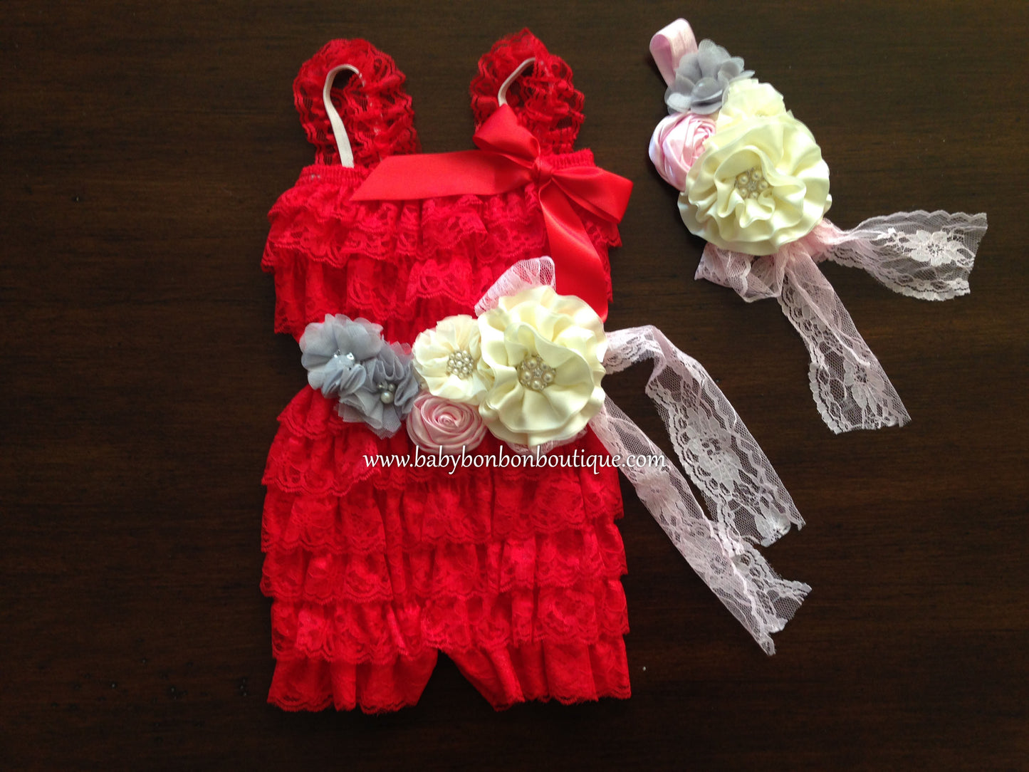 Baby Lace Romper with Ivory Headband & Sash