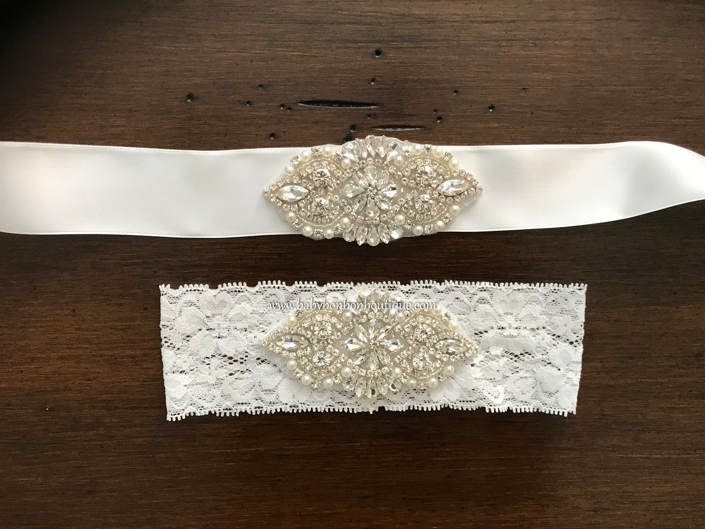 French White Baptism Rhinestone and Pearl Headband & Sash