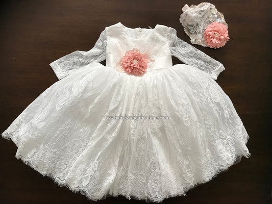 White Baptism Dress with Long Sleeves and Lace Bonnet