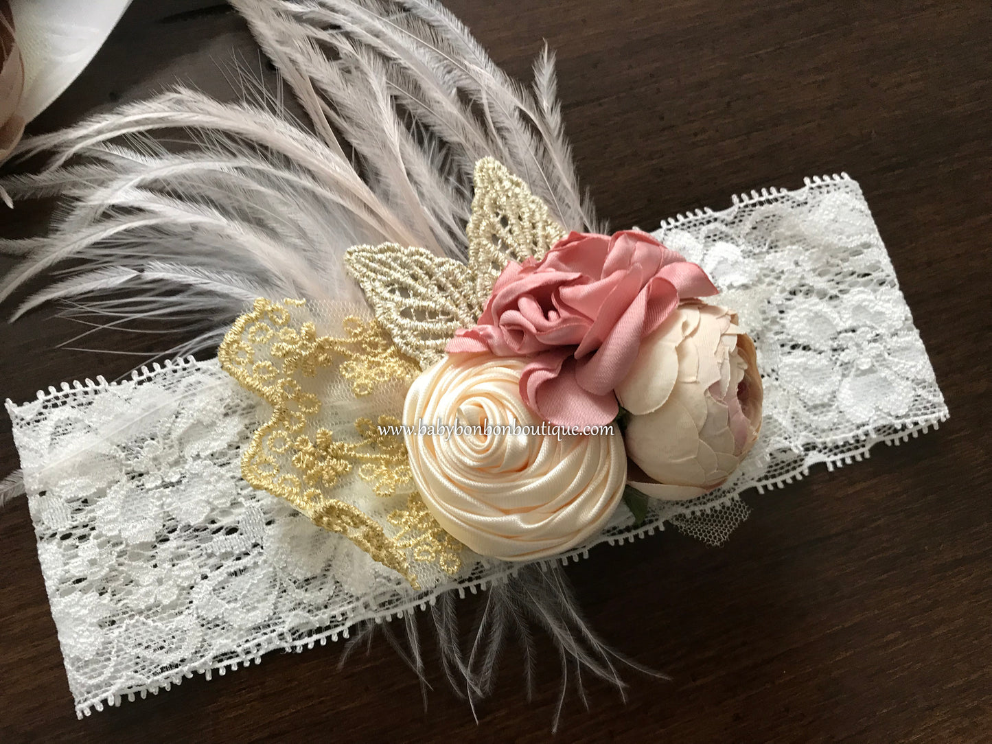 Dusty Rose & French Cream Flower Girl Headband, Sash and Barefoot Sandals