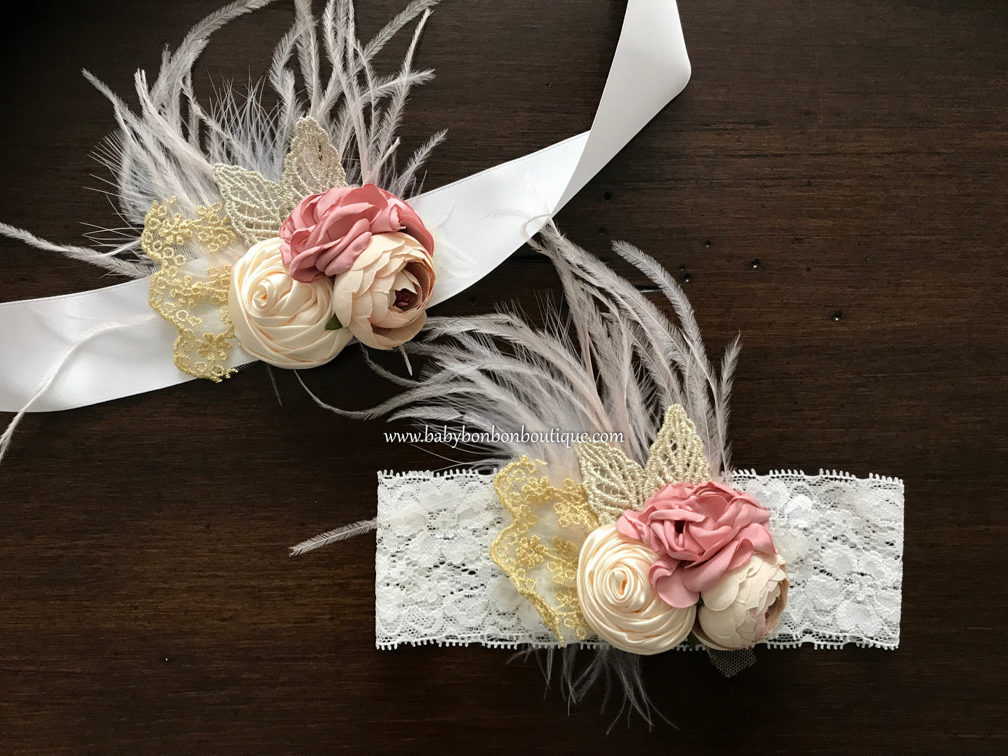 Dusty Rose & French Cream Flower Girl Headband, Sash and Barefoot Sandals