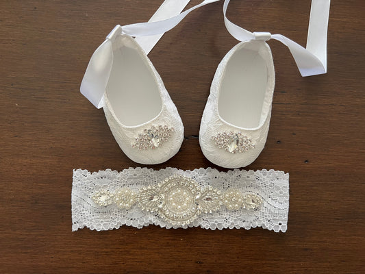 French White Baptism Lace Shoes and Rhinestones & Pearls Headband Set