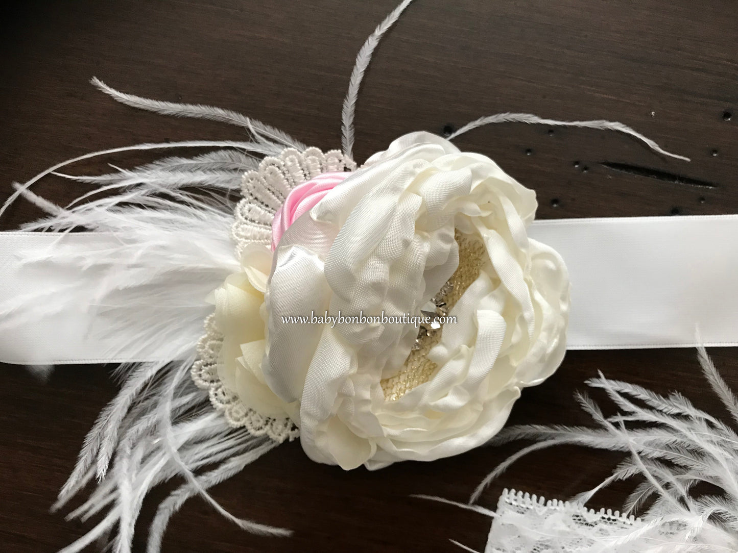 Ivory & Baby Pink Baptism Headband and Sash